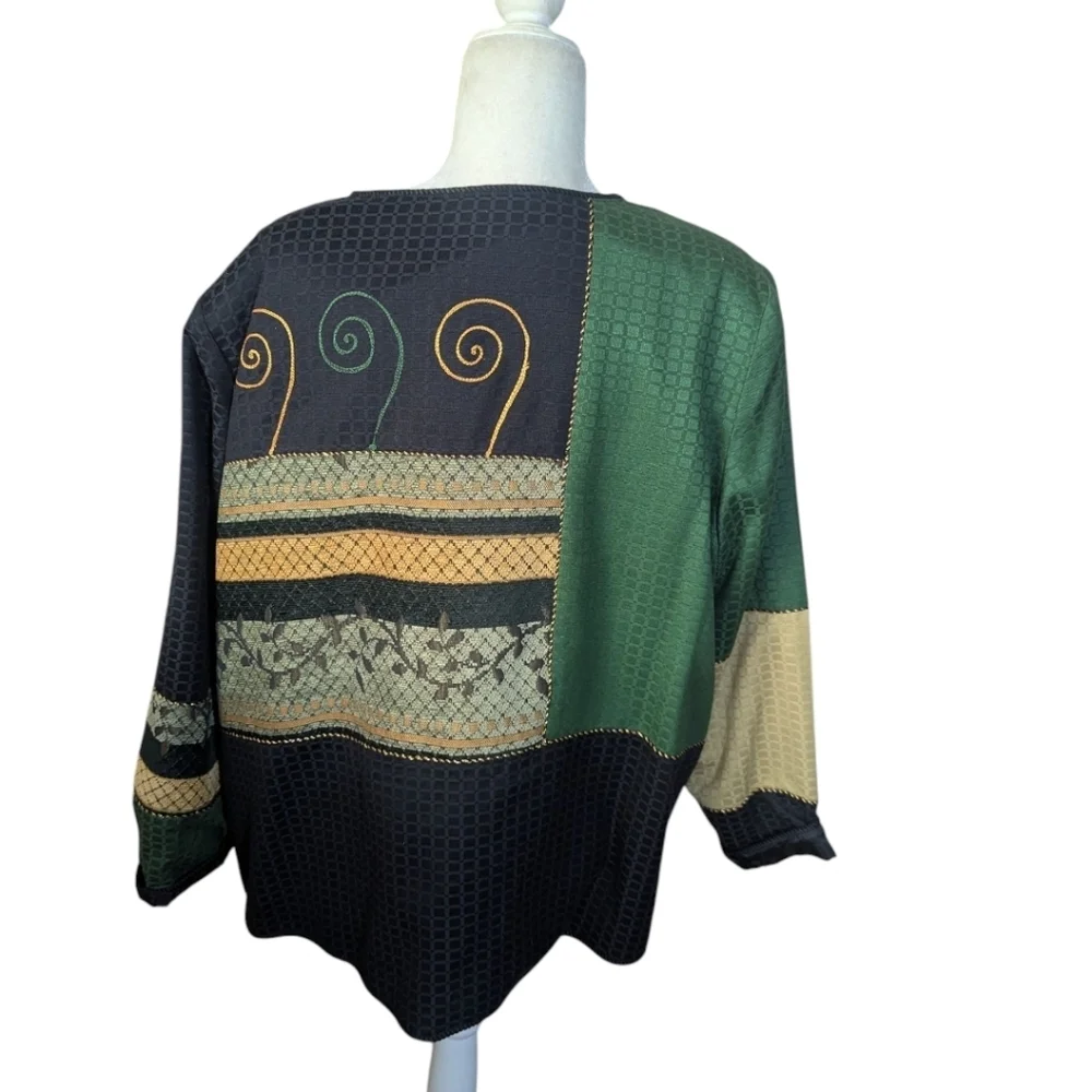 Vtg Artistic Patchwork Green and Black Button-Up Boxy Unique Indie Jacket Sz 1X